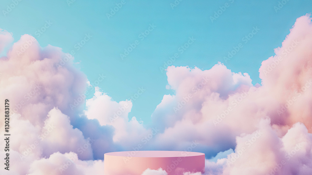 Poster dreamy abstract background with podium amidst soft fluffy clouds under blue sky