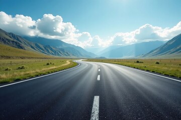 Naklejka premium Asphalt ribbon curving through a scenic valley under a brilliant summer sky, offering an inspiring journey ahead