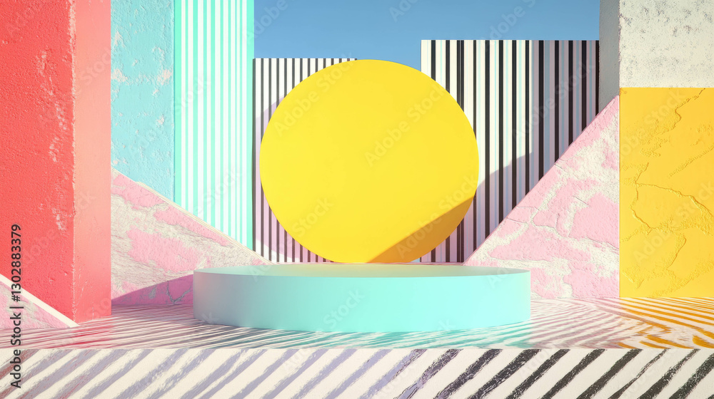 Aufkleber Vibrant abstract background with colorful geometric shapes and podium for display design