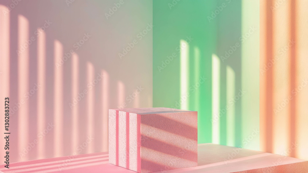 Poster abstract geometric background with textured podium and colorful lights for creative design