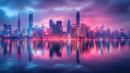 Obraz premium Shanghai Skyline's Night Reflection: A Vibrant Metropolis
