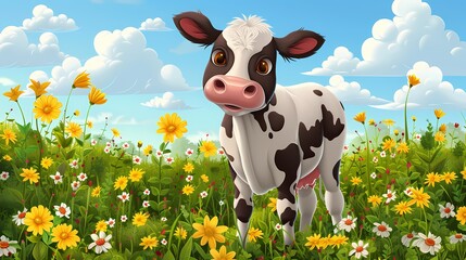 Dairy Delight: A cheerful cartoon calf, with a delightful expression and spotted coat, stands amidst a vibrant field of wildflowers, under a sunny blue sky. 