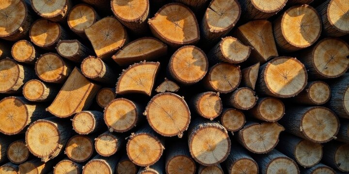 A dense arrangement of numerous round tree cross-sections, exhibiting a rich array of warm brown hues and intricate wood grain patterns, stacked tightly together in a visually compelling composition.