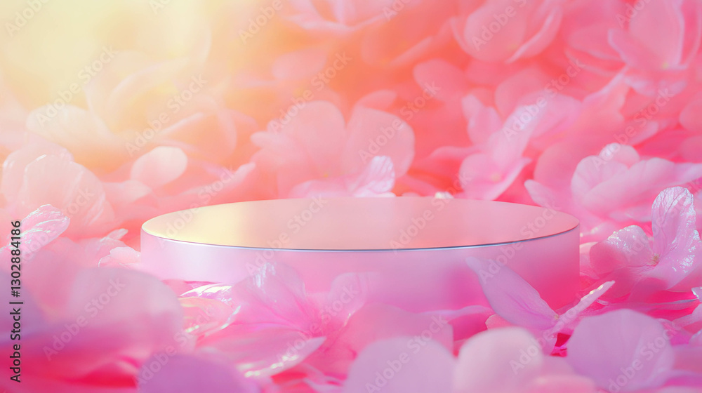 Poster elegant minimalist podium on soft pink petals background for product display or design