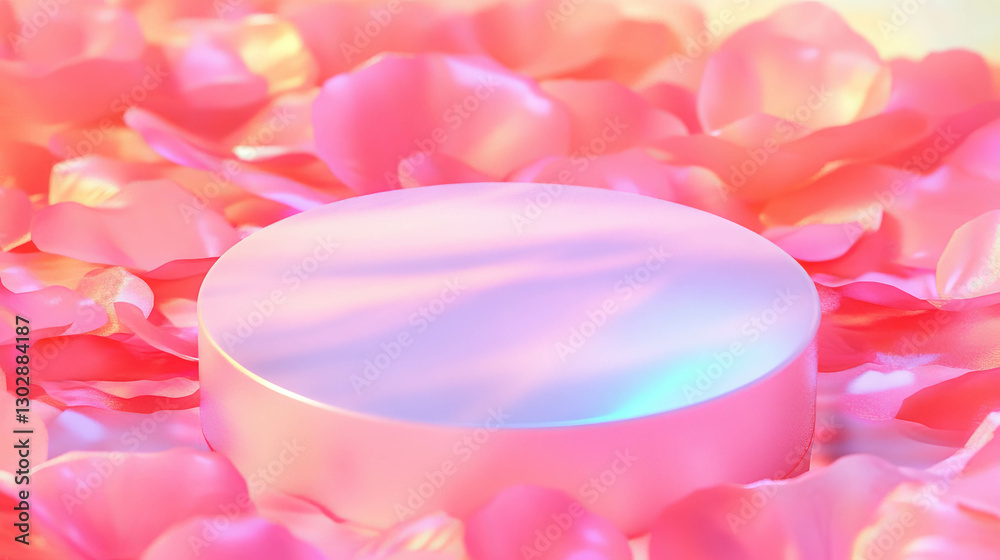 Poster Elegant abstract background with pink podium surrounded by petals for display and presentation