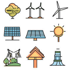 Renewable energy sources icon set, featuring windmills, solar panel designs