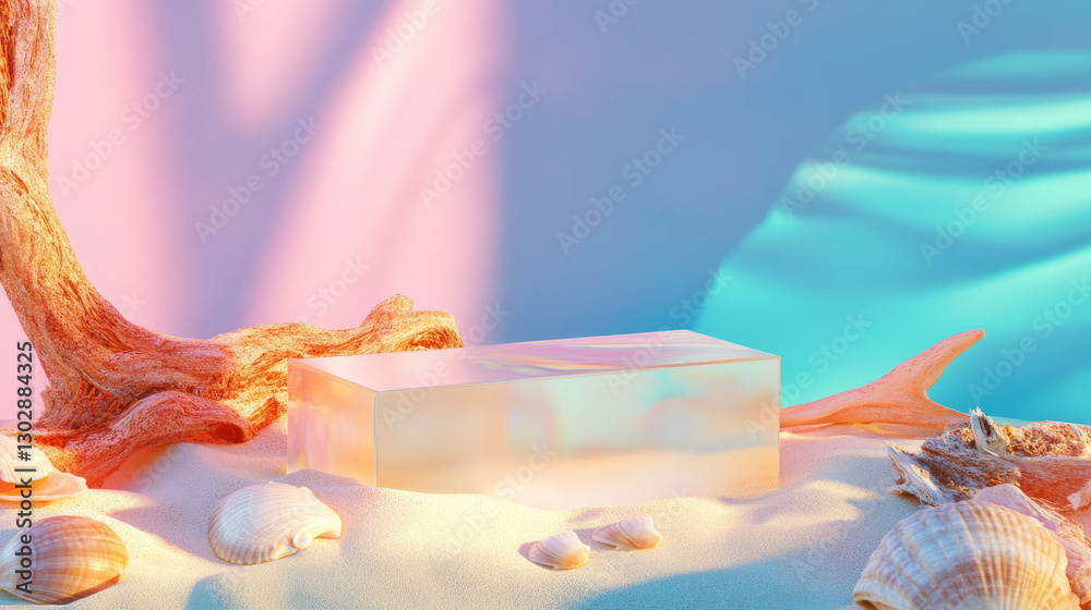 Poster abstract ocean-inspired scene with podium, driftwood, and seashells - design for display and present