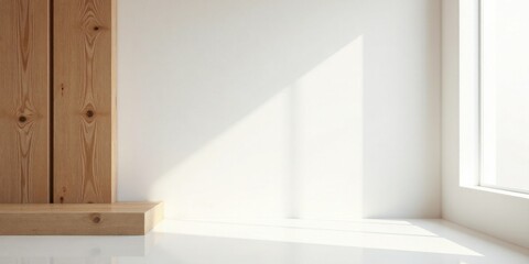 Fototapeta premium Minimalist Interior Design Sunlit Room with Wooden Accents and Empty Display Shelf