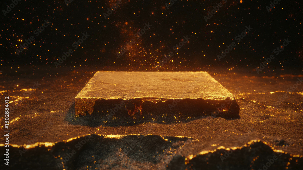 Poster luxurious abstract background with golden podium and sparkling particles for elegant design