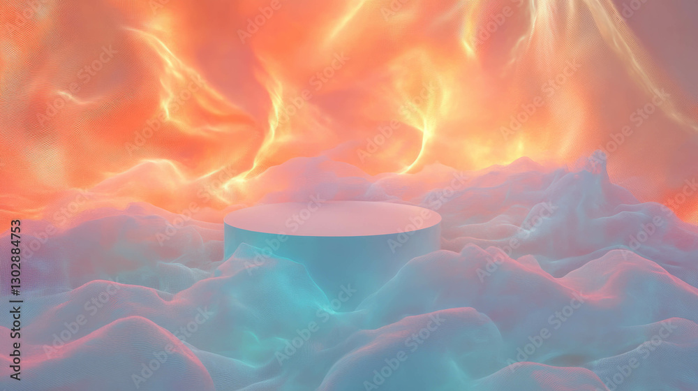 Poster vibrant abstract background with podium and surreal colorful clouds for creative designs