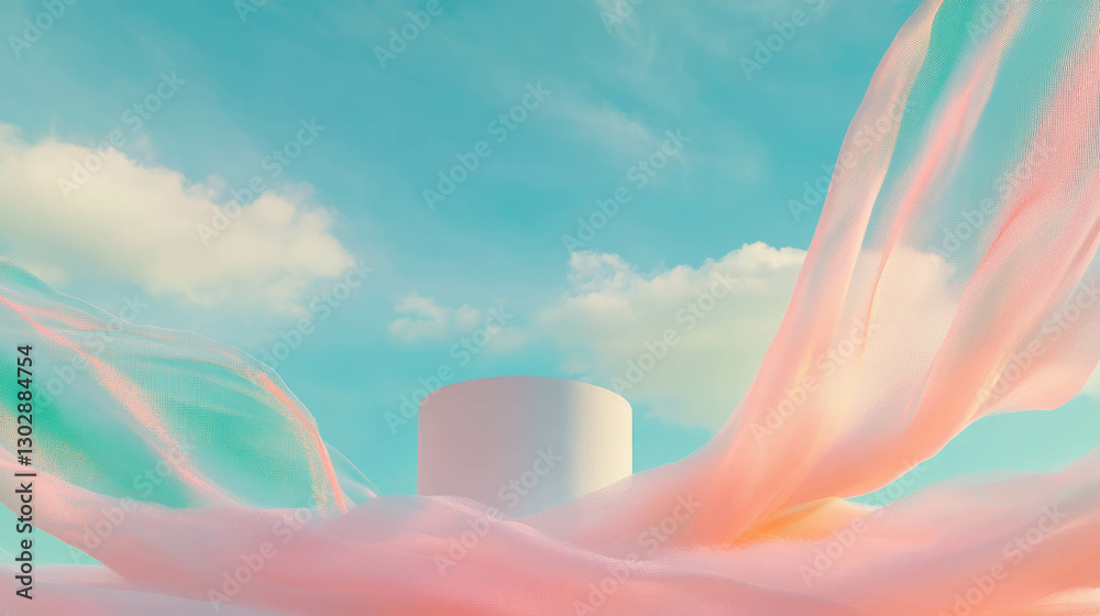 Poster Abstract background with podium and flowing fabric in serene sky setting