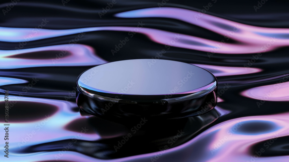 Poster abstract metallic podium on wavy iridescent surface for modern display design