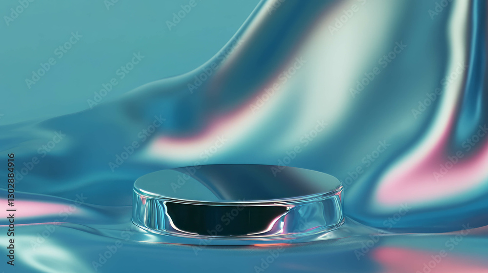 Poster abstract background with metallic podium on iridescent fabric for modern design