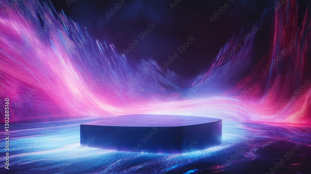 Poster abstract background with podium surrounded by flowing light waves