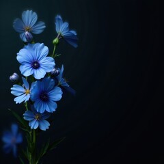 Deep black backdrop showcases a cluster of rich blue flowers , delphiniums, blue flowers