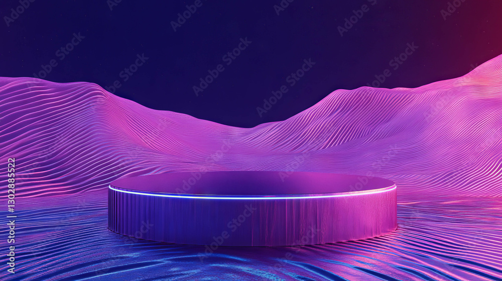 Poster futuristic abstract background with podium and vibrant color waves for contemporary design