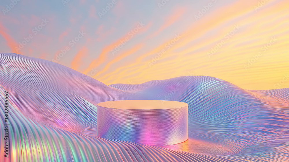 Poster holographic abstract background with podium on wavy surface for modern design