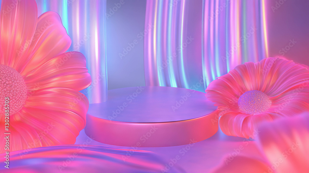 Poster iridescent floral background with podium for display or event visuals