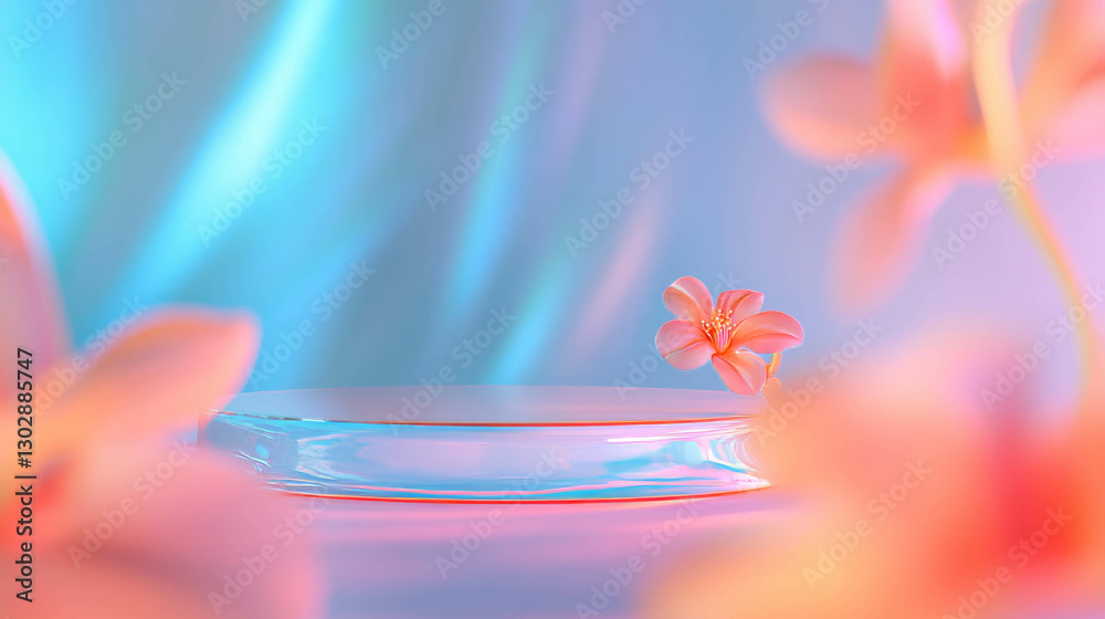 Poster Elegant abstract background with reflective podium and soft floral accents for design and display