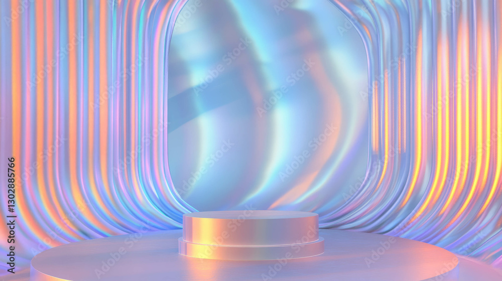 Aufkleber Futuristic abstract background with podium and iridescent waves for design concepts