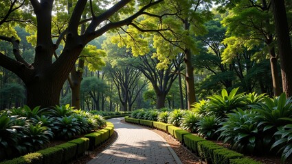 Singapore Urban Park With Lush Greenery features winding pathways surrounded by verdant trees and vibrant plants. Concept emphasizes harmony of nature in urban settings
