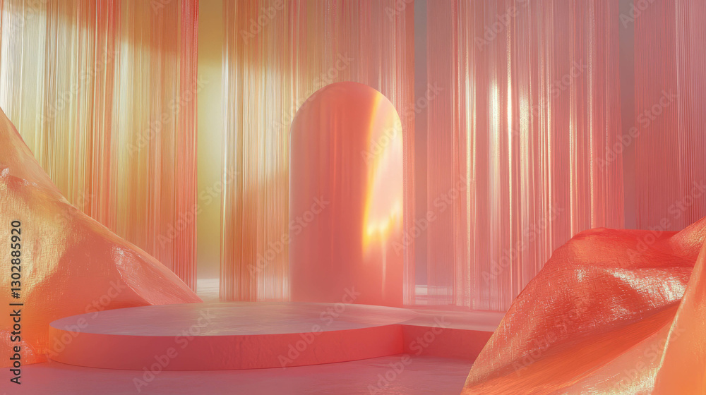 Poster abstract interior design with podium amidst soft textured drapes for modern display