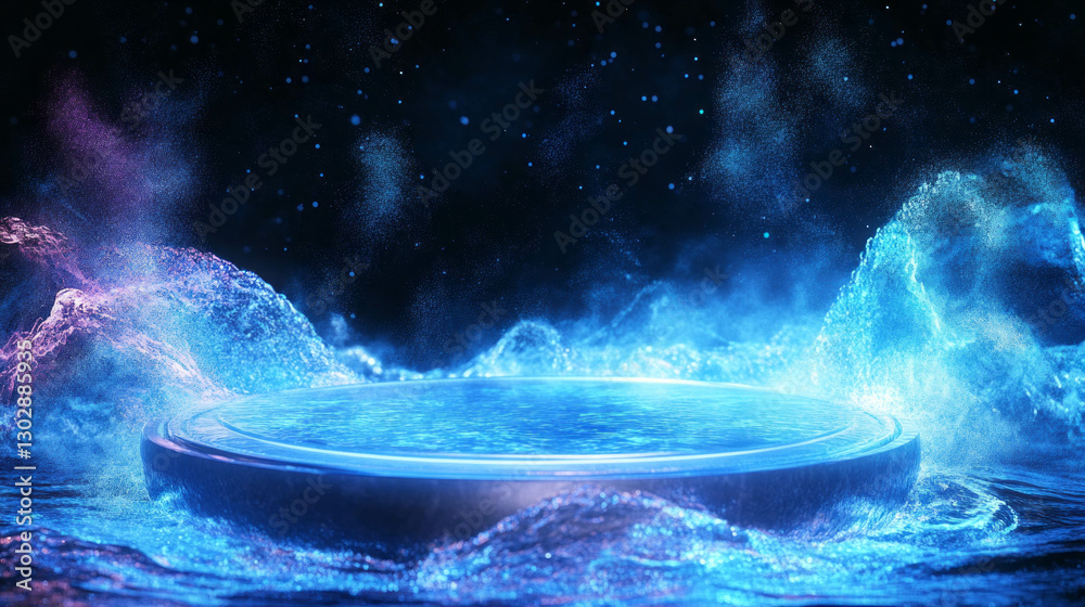 Poster mystical abstract background with illuminated podium surrounded by ethereal water elements
