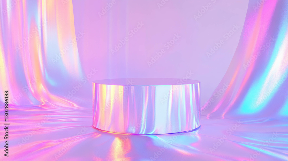 Poster modern abstract background with iridescent podium and drapes for creative design projects