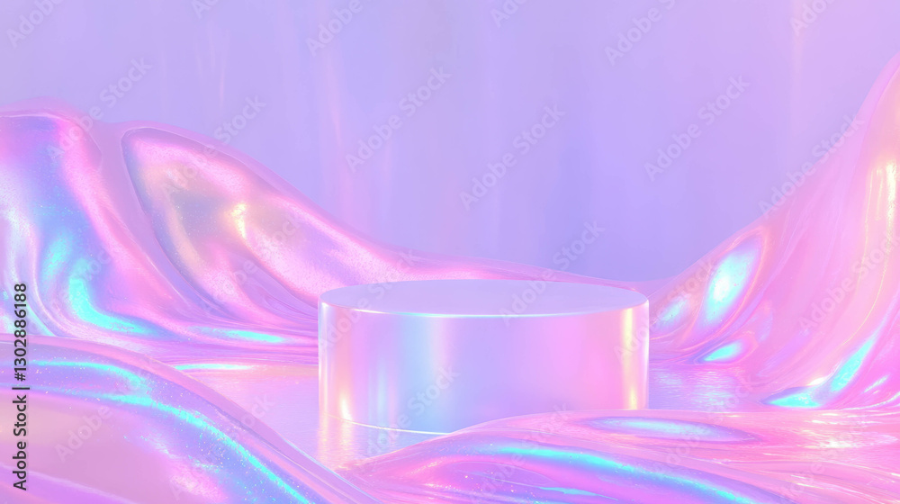 Poster Futuristic podium display with iridescent waves in abstract background for modern design