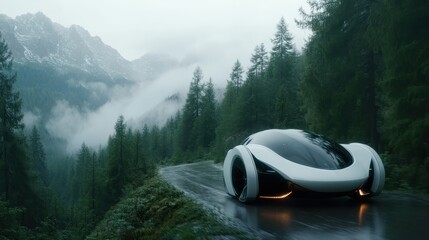 A sleek, futuristic vehicle driving through a misty forest with towering mountains, showcasing a blend of nature and technology in a serene, atmospheric setting.