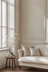 Sunlit minimalist living room corner with beige sofa, side table, and vase.