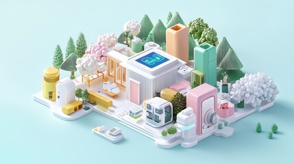 Colorful Digital Illustration of a Smart Eco-Friendly Landscape with Modern Elements and Lush Greenery