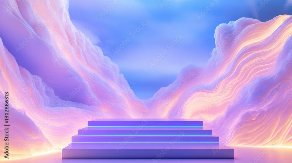 Poster dreamy abstract background with podium and flowing pastel clouds for design projects
