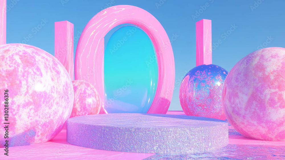 Poster Vibrant abstract background with pink podium and spheres for design and display