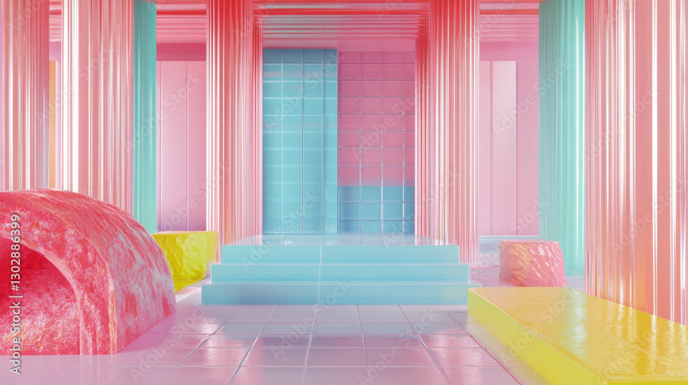 Poster vibrant abstract interior with colorful podium and columns for modern design inspiration