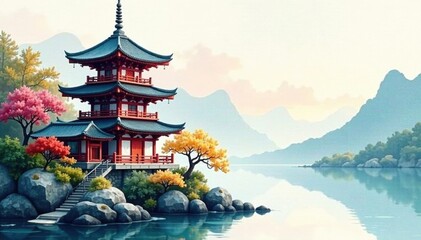 Obraz premium Delicate watercolor wash pagoda, soft colors, elegant lines, architecture, roof, subtle