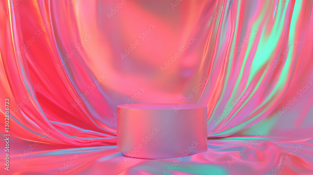Poster elegant abstract background with colorful podium surrounded by vibrant fabrics for design