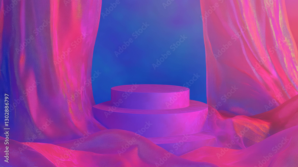 Aufkleber Vibrant abstract background with podium and flowing fabric for event design
