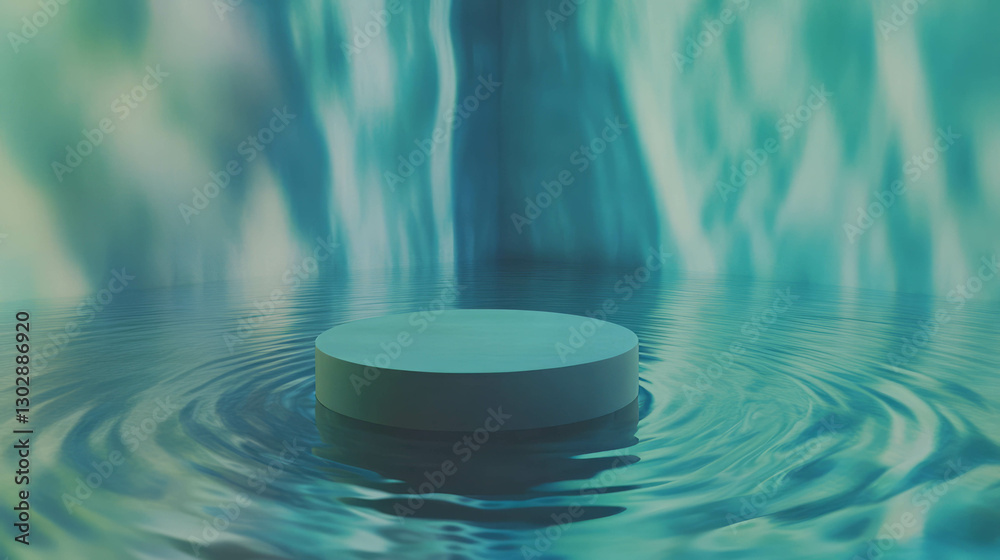 Poster abstract background with podium surrounded by rippling water and soft light effects