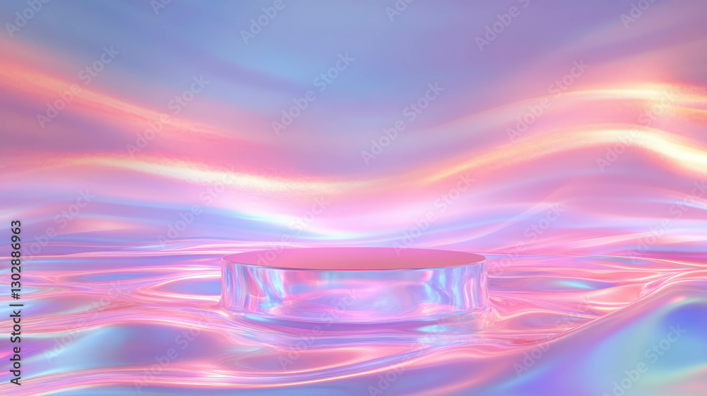 Poster Abstract background with podium surrounded by iridescent waves for design elements