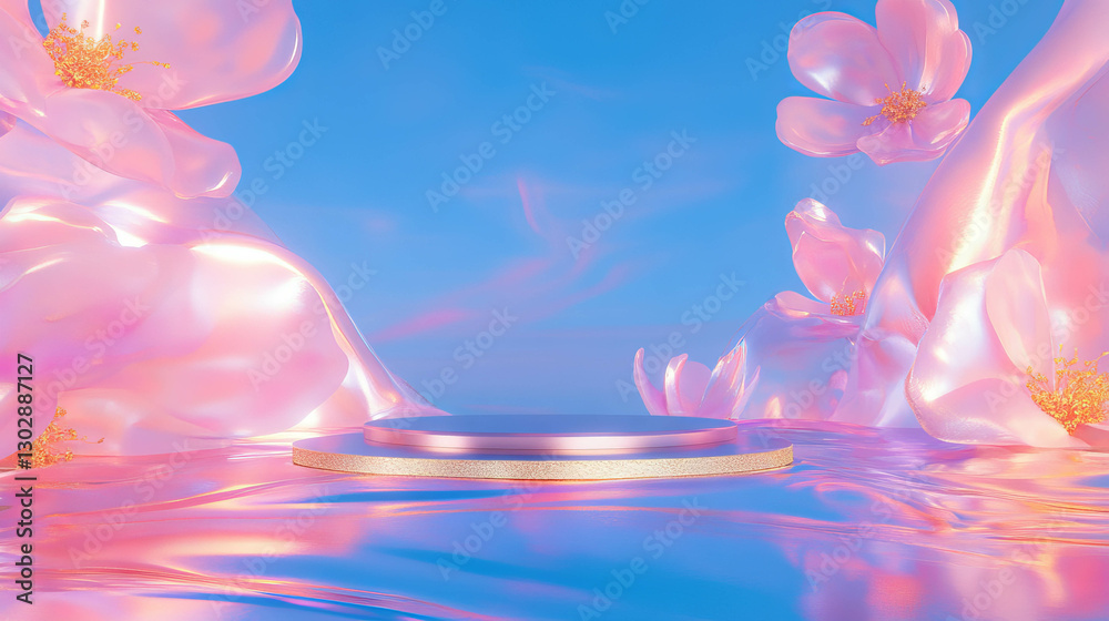 Poster elegant abstract background with floral elements and central podium for artistic display