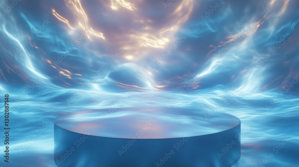 Poster abstract background with a podium surrounded by fluid lights for modern design