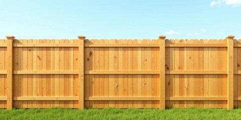 A Tall Wooden Fence Stands Against a Bright Blue Sky, Providing Privacy and Defining a Property Line with Natural Wood Texture and Lush Green Grass Below