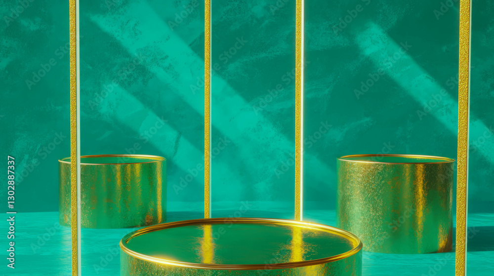 Poster vibrant abstract background with gold podium in green space for creative display and design
