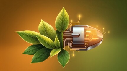  Biotechnological green innovation conceptual image, A futuristic concept image of a bullet fused with lush green leaves and intricate circuitry, symbolizing the intersection of technology and nature.