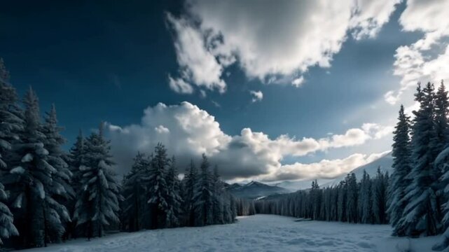A snowy landscape with a few trees and a cloudy sky. The sky is mostly cloudy, but there is a patch of blue sky in the background. The trees are bare and covered in snow, giving the scene a peaceful