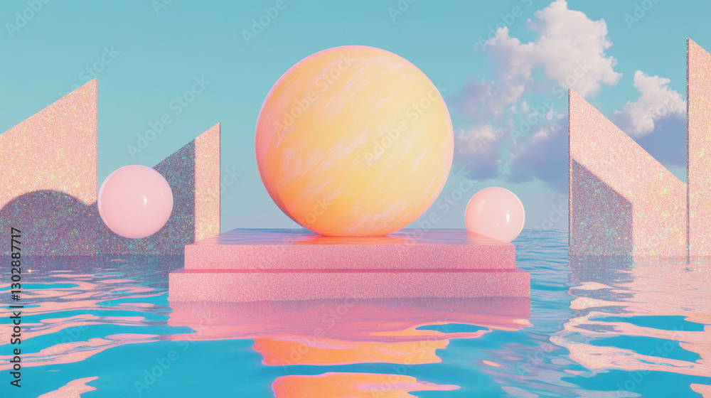 Poster abstract pastel scene with geometric shapes and floating podium for creative design