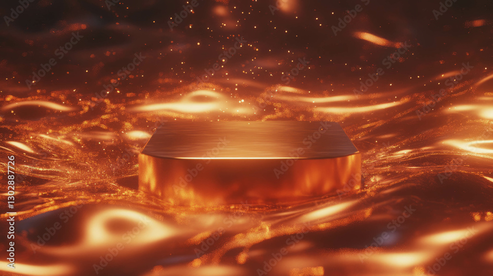 Poster abstract background with illuminated podium and golden surreal waves