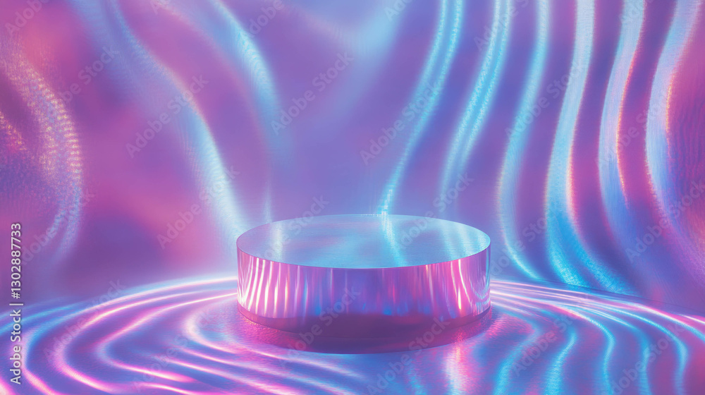 Poster Futuristic podium with iridescent waves in abstract 3d background design