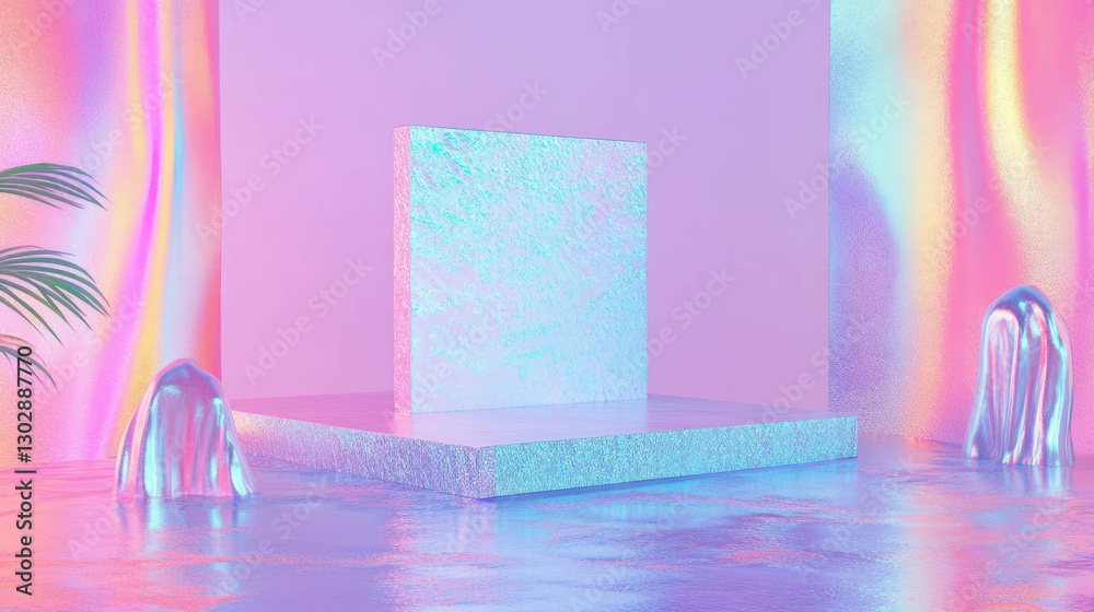 Aufkleber iridescent abstract background with a central podium and metallic elements for modern design